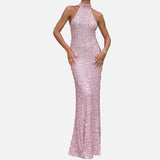 Vestido Maxi de Cuello Halter con Silueta Elegante y Ajustada