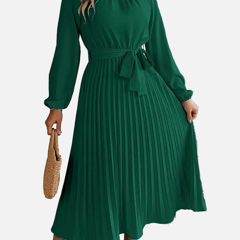 Elegante Vestido Midi de Invitada de Boda Plisado con Cintura Ceñida
