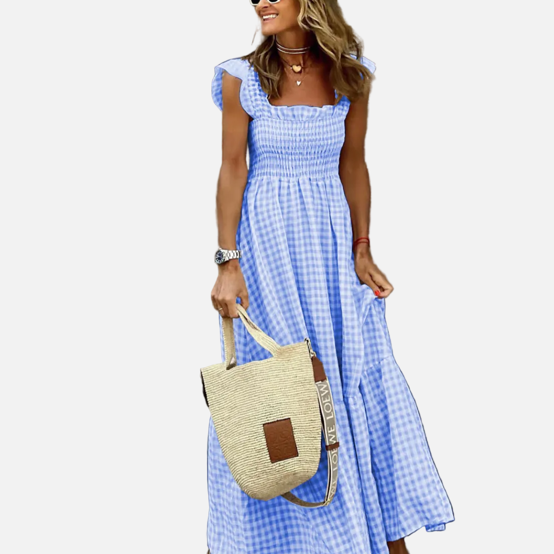 Vestido Maxi de Gingham con Mangas Volantes para el Verano