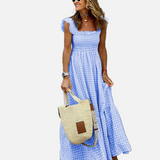 Vestido Maxi de Gingham con Mangas Volantes para el Verano