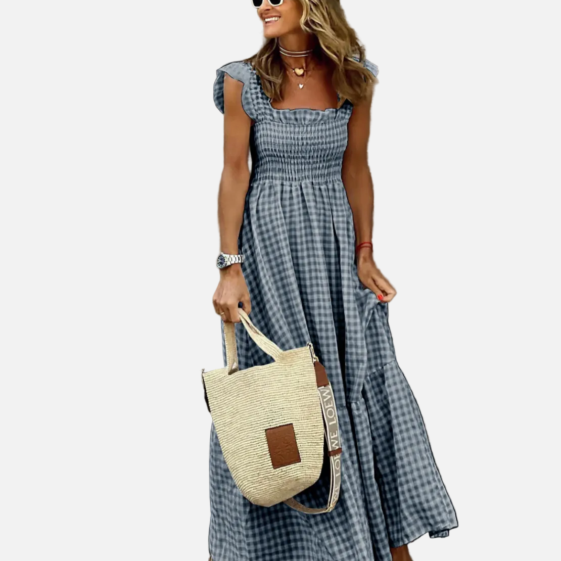 Vestido Maxi de Gingham con Mangas Volantes para el Verano