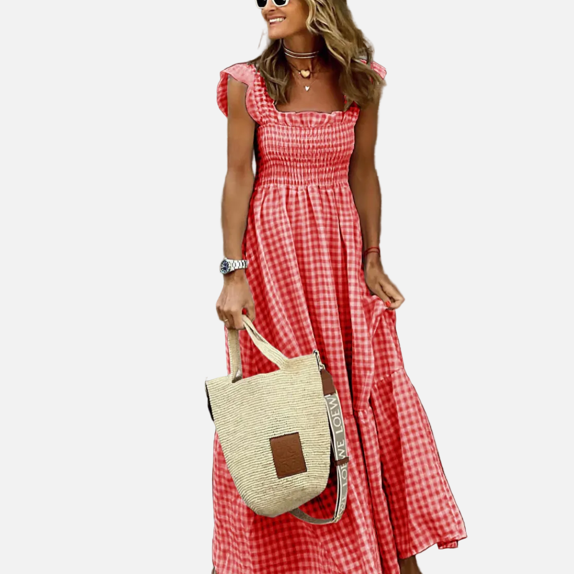 Vestido Maxi de Gingham con Mangas Volantes para el Verano