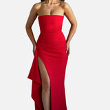 Vestido de Invitada de Boda Sin Tirantes con Abertura Hasta el Muslo