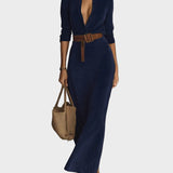 Vestido maxi de ante con cierre único y cuello