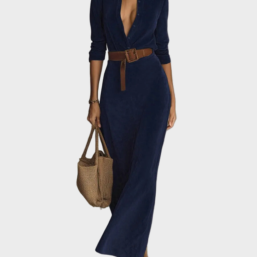 Vestido maxi de ante con cierre único y cuello