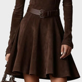 Vestido Vintage de Ante Marrón Oscuro con Cuello Alto
