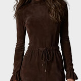 Vestido Midi Elegante de Ante en Marrón Oscuro con Cinturón