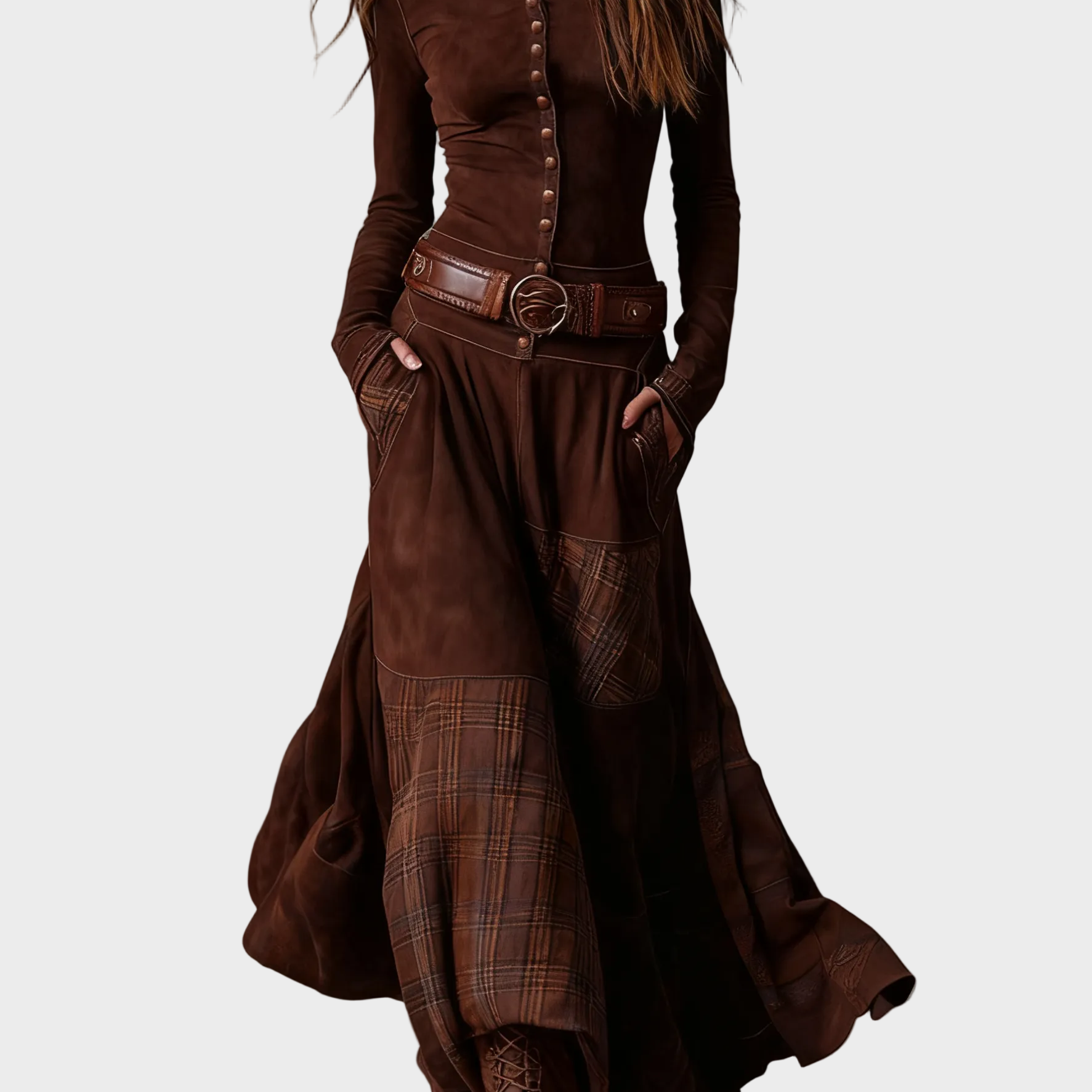 Helena - Vestido maxi de ante azul marino con cinturón