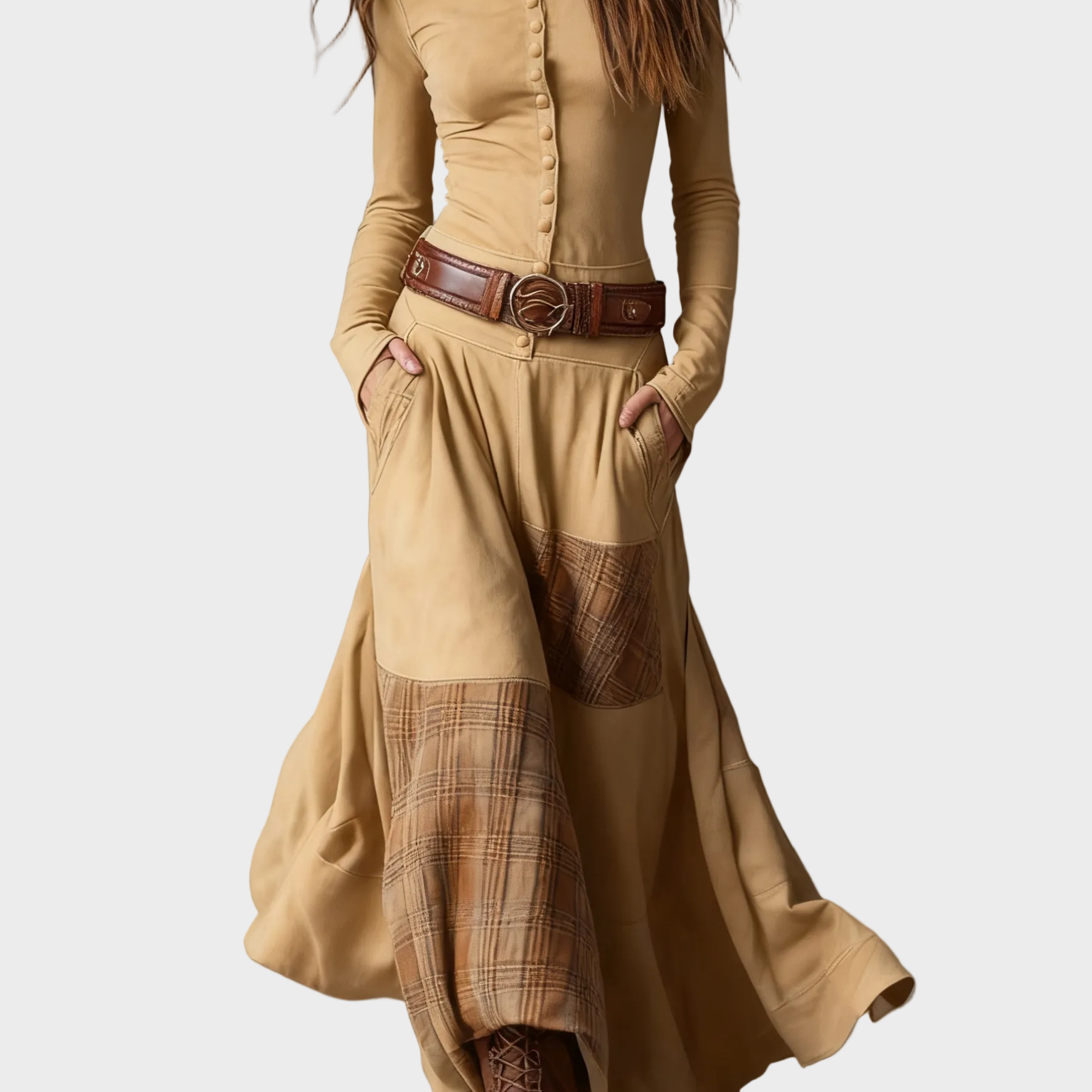 Helena - Vestido maxi de ante azul marino con cinturón