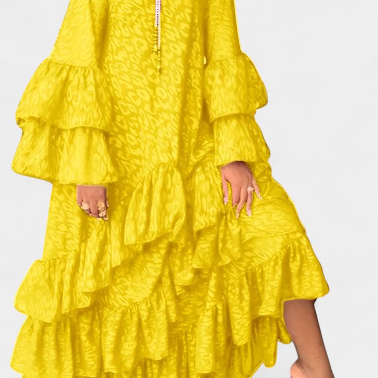 Vestido Maxi Asimétrico Eliselle con Volantes y Mangas de Campana