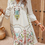Vestido mini bohemio bordado para mujer con mangas 3/4 y escote en V