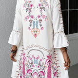 Vestido mini bohemio bordado para mujer con mangas 3/4 y escote en V