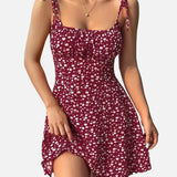 Vestido mini floral para mujer con tirantes anudados y bajo acampanado