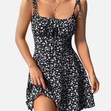Vestido mini floral para mujer con tirantes anudados y bajo acampanado