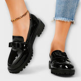 Mocasines Negros Lustrados para Mujer con Lazo