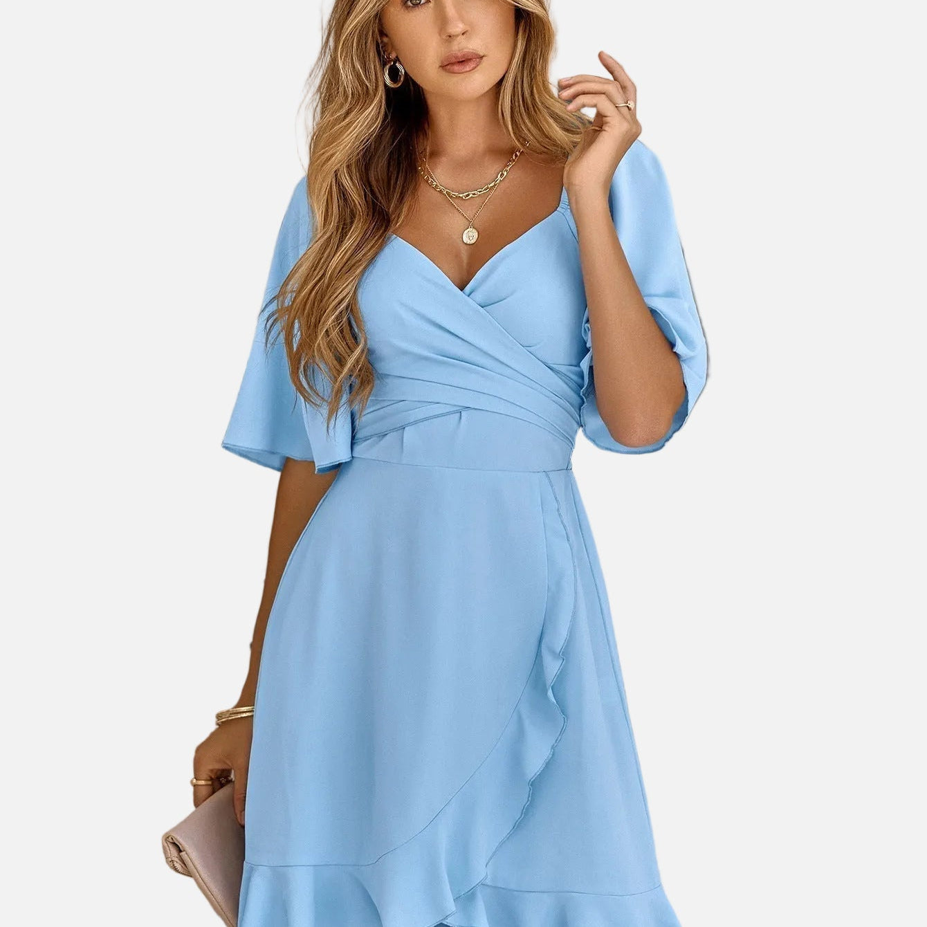 Vestido mini cruzado para mujer con escote en V y bajo con volantes acampanados