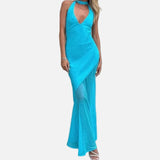 Vestido Maxi de Malla con Detalle de Superposición Transparente de Cuello Halter