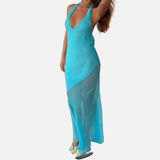 Vestido Maxi de Malla con Detalle de Superposición Transparente de Cuello Halter