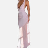 Vestido Maxi de Malla con Detalle de Superposición Transparente de Cuello Halter