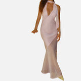 Vestido Maxi de Malla con Detalle de Superposición Transparente de Cuello Halter
