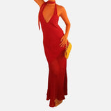 Vestido Maxi de Malla con Detalle de Superposición Transparente de Cuello Halter