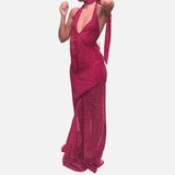 Vestido Maxi de Malla con Detalle de Superposición Transparente de Cuello Halter