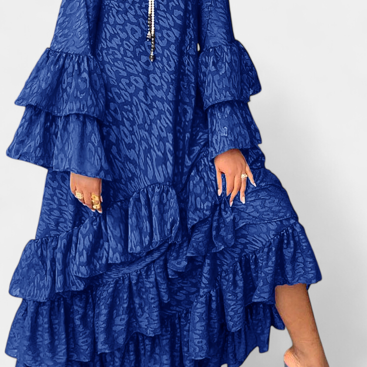 Vestido Maxi Asimétrico Eliselle con Volantes y Mangas de Campana
