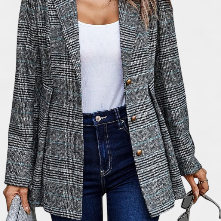 Calico Blazer Peplum a Cuadros con Solapa de Muesca