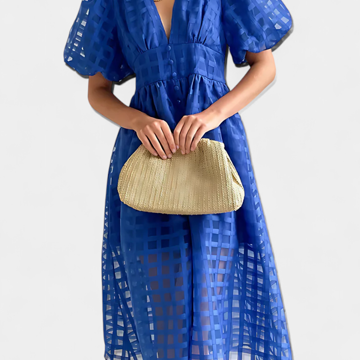 Vestido Midi de Manga Abullonada en Caléndula con Patrón de Cuadros