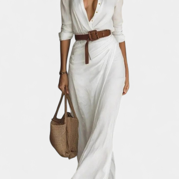 Vestido Maxi Souline con Solapa y Mangas Largas