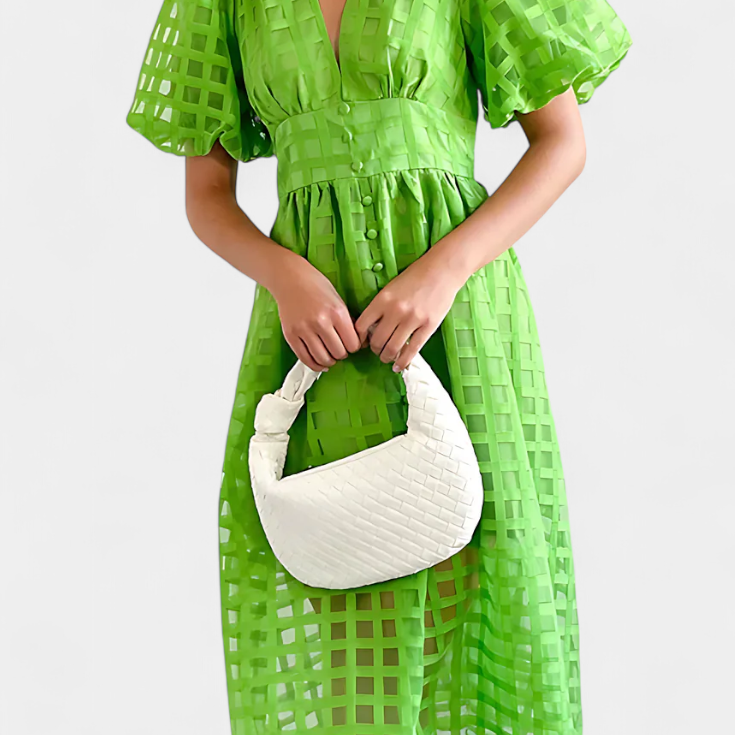 Vestido Midi de Manga Abullonada en Caléndula con Patrón de Cuadros