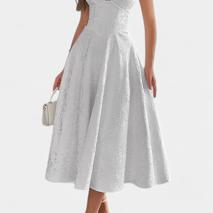 Vestido Midi Jacquard Gilda con Espalda Abierta y Cintura Alta