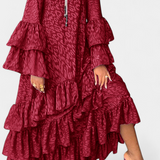 Vestido Maxi Asimétrico Eliselle con Volantes y Mangas de Campana