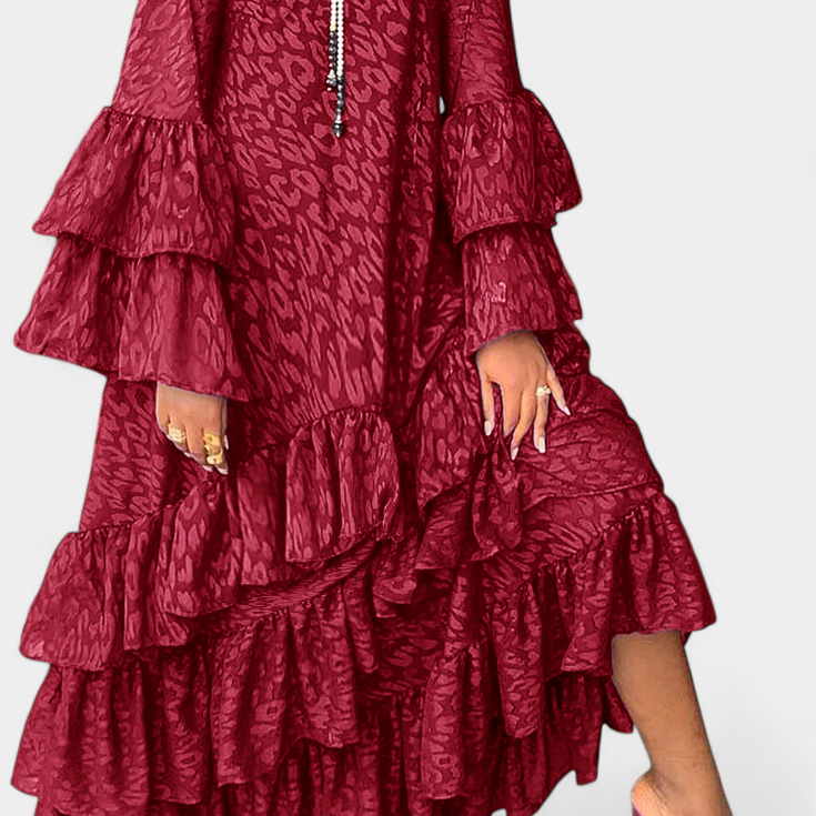 Vestido Maxi Asimétrico Eliselle con Volantes y Mangas de Campana