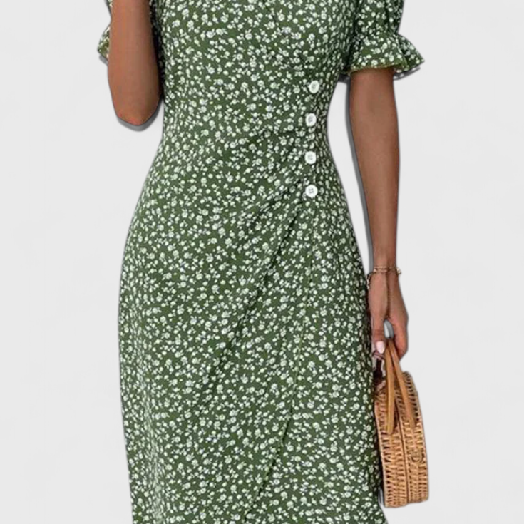Vestido Midi Floral Joana con Escote en V y Mangas Cortas