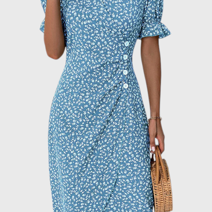 Vestido Midi Floral Joana con Escote en V y Mangas Cortas