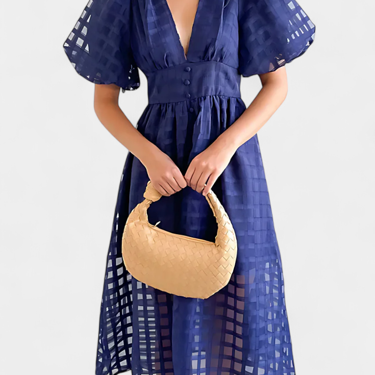 Vestido Midi de Manga Abullonada en Caléndula con Patrón de Cuadros