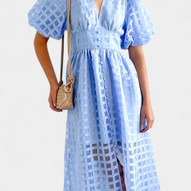 Vestido Midi de Manga Abullonada en Caléndula con Patrón de Cuadros