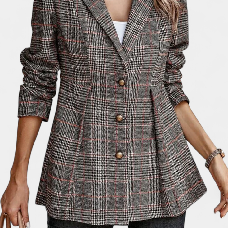 Calico Blazer Peplum a Cuadros con Solapa de Muesca