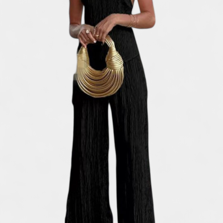 Pilarica Conjunto Elegante Plisado de Top Asimétrico y Pantalón Fluido