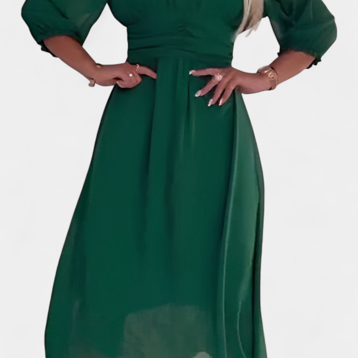 Vestido Midi Elegante Dorina con Escote en V y Mangas Livianas