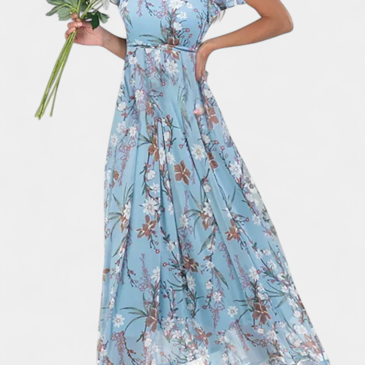 Vestido Maxi Floral Amara con Escote en V y Mangas de Volante