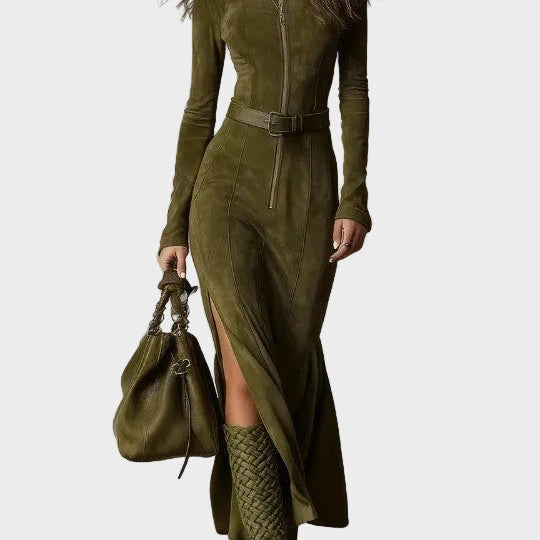 Adrianna - Vestido maxi de ante marrón con cinturón y cremallera