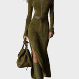 Vestido Maxi Vintage Verde con Cremallera y Cinturón