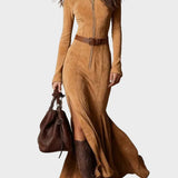 Adrianna - Vestido maxi de ante marrón con cinturón y cremallera