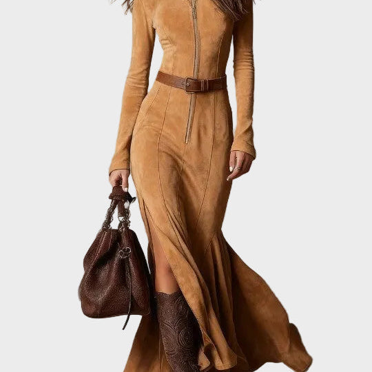 Adrianna - Vestido maxi de ante marrón con cinturón y cremallera