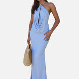Vestido Maxi de Cuello Halter – Vestido de Noche Elegante y Drapado para Mujeres
