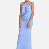 Vestido Maxi de Cuello Halter – Vestido de Noche Elegante y Drapado para Mujeres