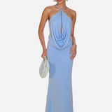 Vestido Maxi de Cuello Halter – Vestido de Noche Elegante y Drapado para Mujeres
