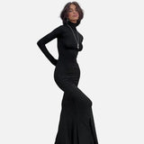 Vestido Maxi de Cuello Alto de Manga Larga Negro Formal